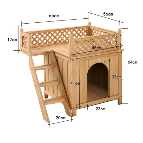 Wooden Dog House with Stairs and Raised Balcony for Puppy and Cat