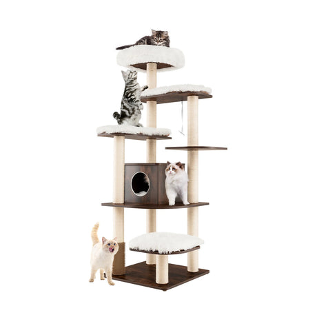 7-Layer Wooden Cat Tree Tall Cat Tower with Sisal Posts and Condo-Brown