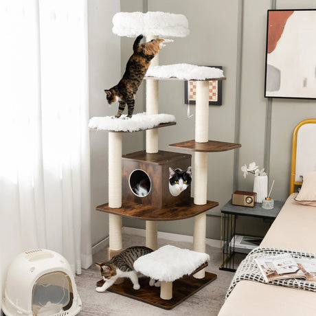 7-Layer Wooden Cat Tree Tall Cat Tower with Sisal Posts and Condo-Brown
