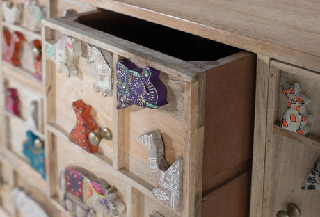 Giner and Colomer - 13-Drawer, 1-Door Mango Wood Chest With Hand-Painted Relief Animals