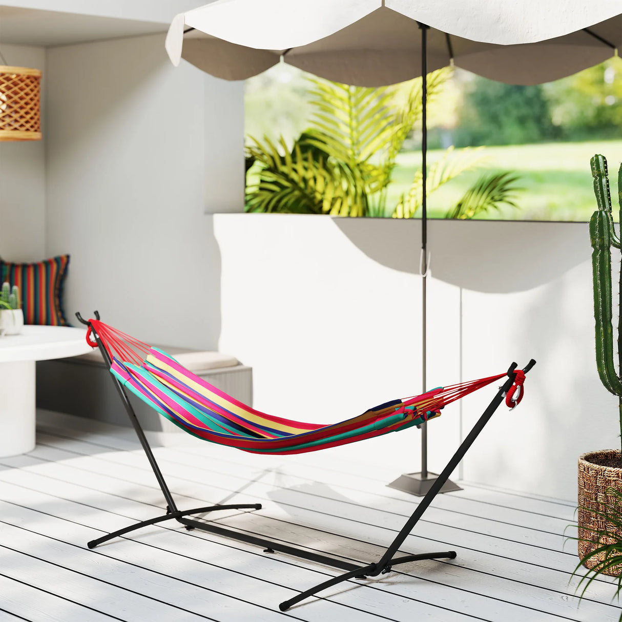 Outsunny 298 x 117cm Hammock with Stand Camping Hammock with Portable Carrying Bag, Adjustable Height, 120kg Load Capacity, Multicolour