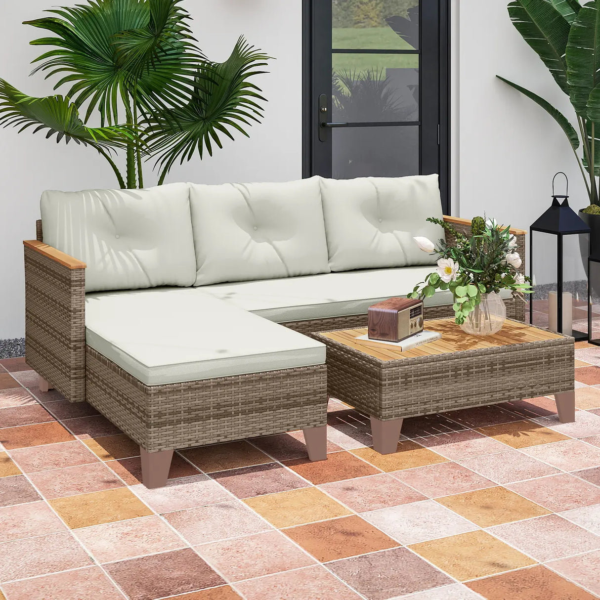 Outsunny 3 Pieces Rattan Garden Furniture Set, L Shaped Garden Conversation Chaise Lounge Furniture with Wood Top Coffee Table and Thick Cushions, Cream