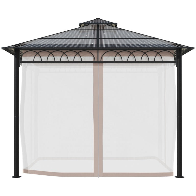 Outsunny 3 x 3 (m) Outdoor Polycarbonate Gazebo, Double Roof Hard Top Gazebo with Galvanised Steel Frame, Nettings & Curtains for Garden, Lawn, Patio and Deck, Khaki