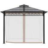 Outsunny 3 x 3 (m) Outdoor Polycarbonate Gazebo, Double Roof Hard Top Gazebo with Galvanised Steel Frame, Nettings & Curtains for Garden, Lawn, Patio and Deck, Khaki