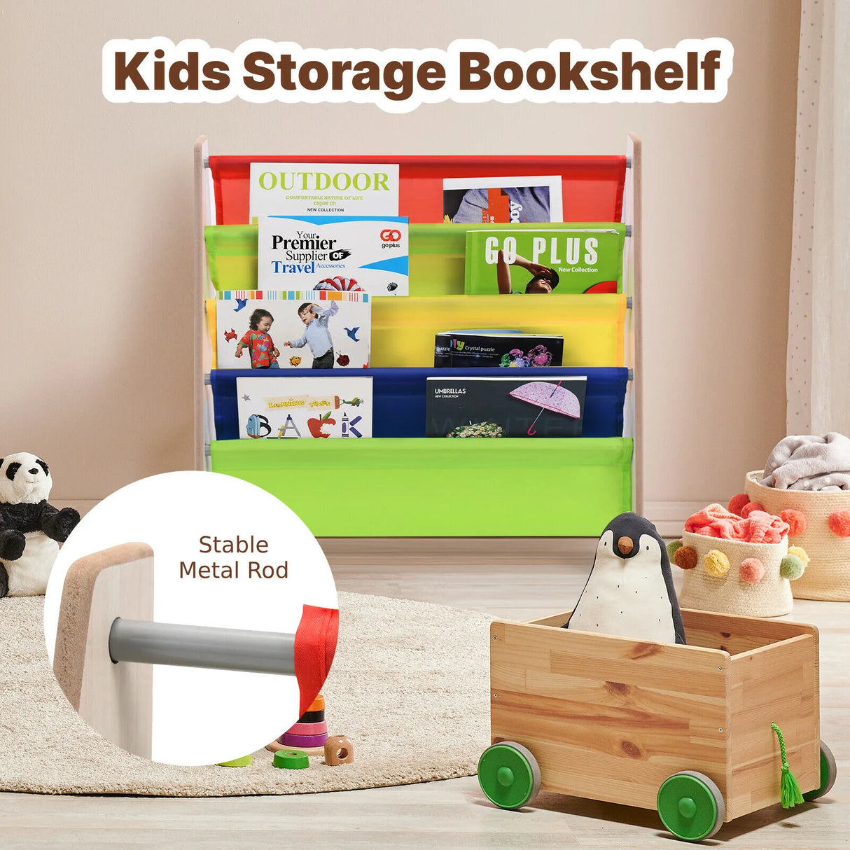 Children's Bookshelf with 4 Storage Compartments