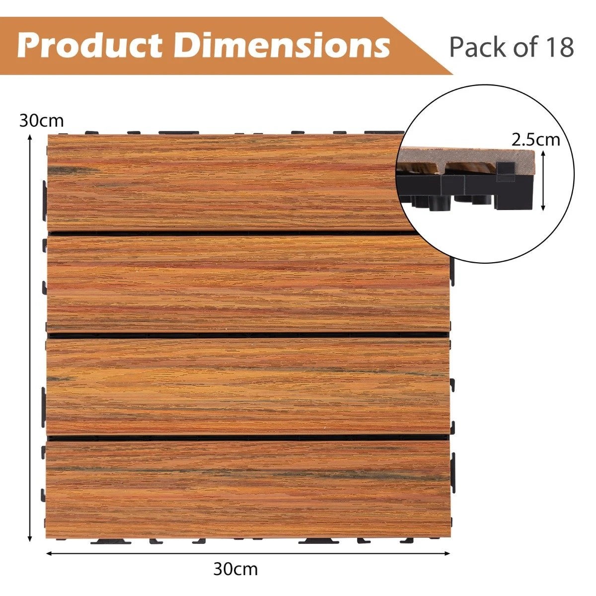 18 Pieces 12 x 12 Inch Interlocking Deck Tiles for 1.7m2 Total Splicing Area-Brown