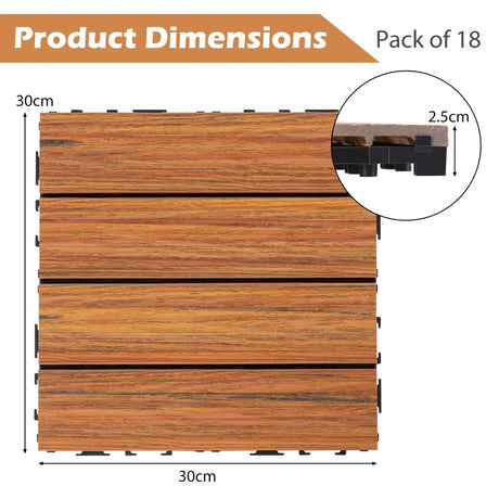 18 Pieces 12 x 12 Inch Interlocking Deck Tiles for 1.7m2 Total Splicing Area-Brown