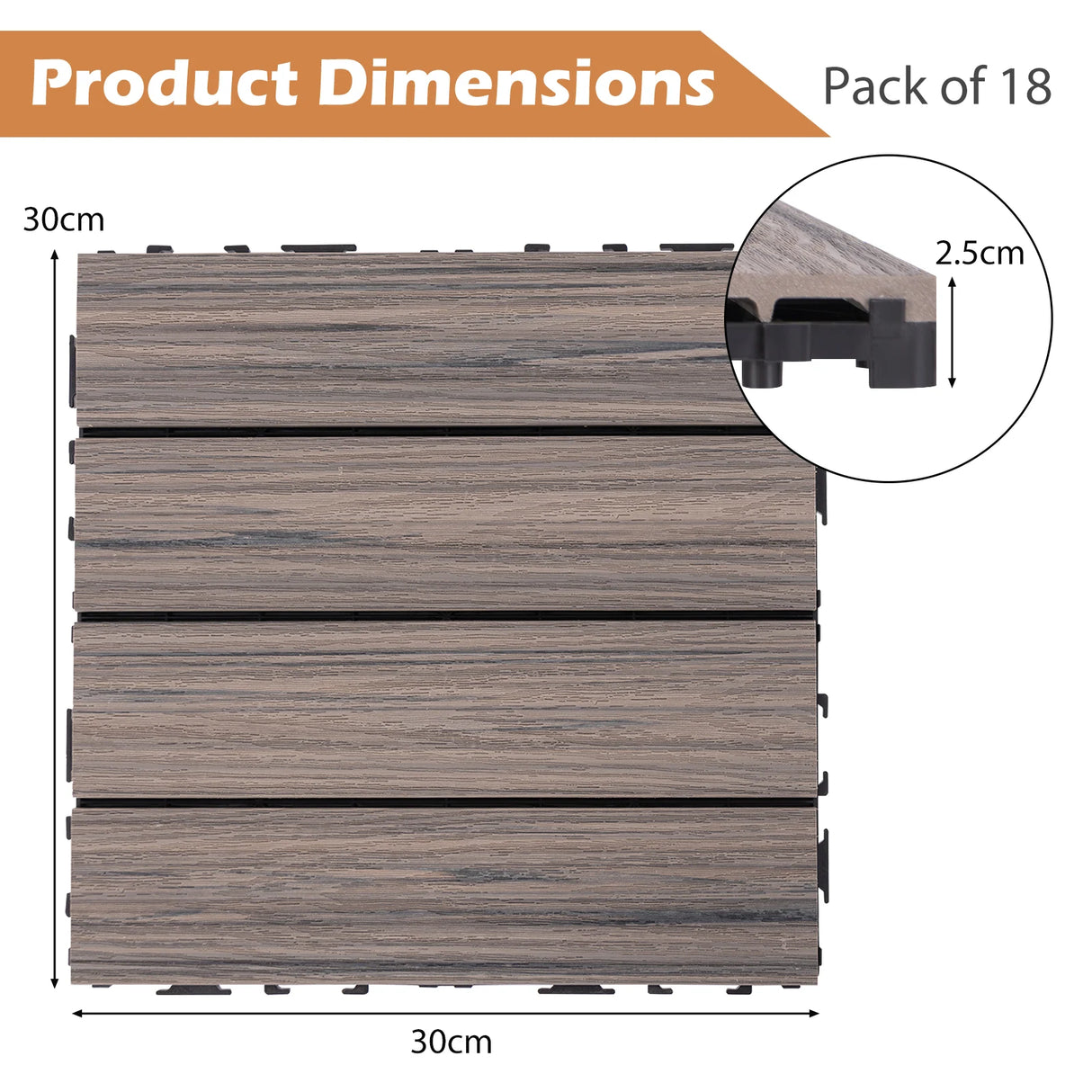 18 Pieces 12 x 12 Inch Interlocking Deck Tiles for 1.7m2 Total Splicing Area-Gray