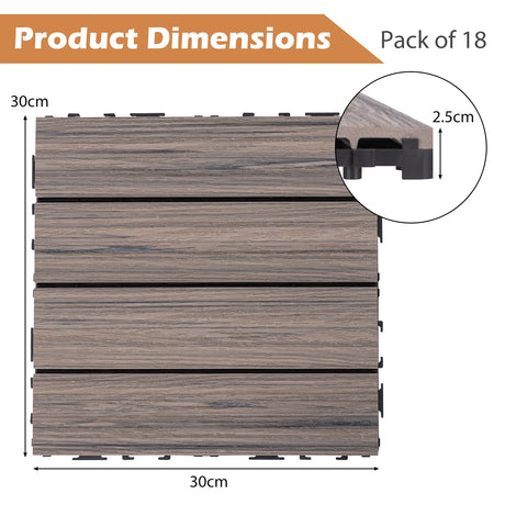 18 Pieces 12 x 12 Inch Interlocking Deck Tiles for 1.7m2 Total Splicing Area-Gray