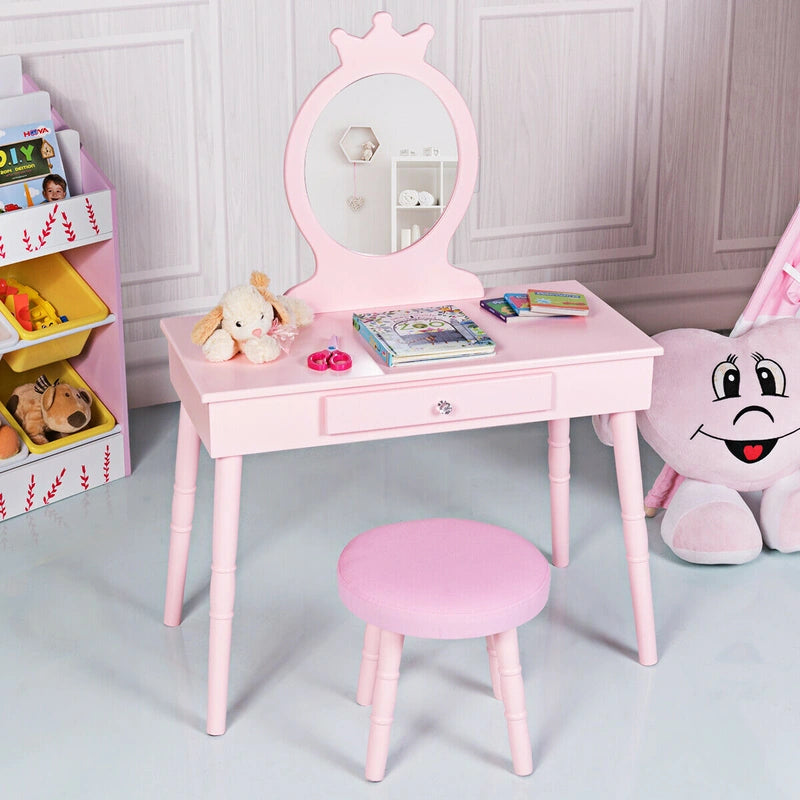 Vanity Makeup Table Set with Real Mirror for Little Girls Pink