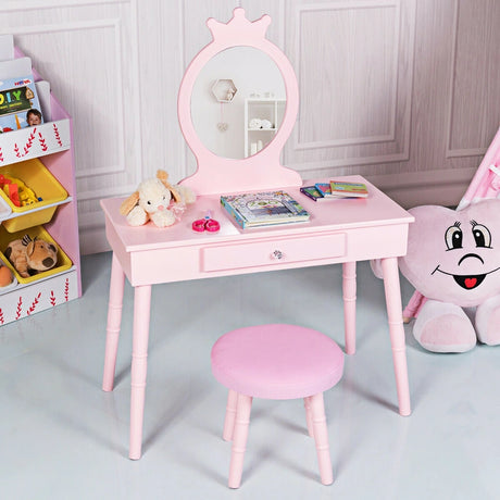 Vanity Makeup Table Set with Real Mirror for Little Girls Pink