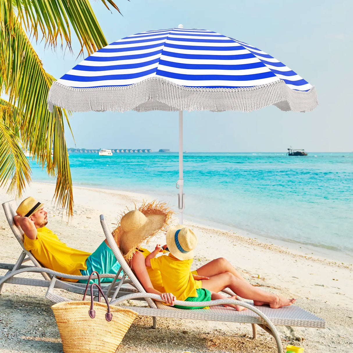 180 cm Outdoor Fringe Patio Umbrella with Carrying Bag-Blue
