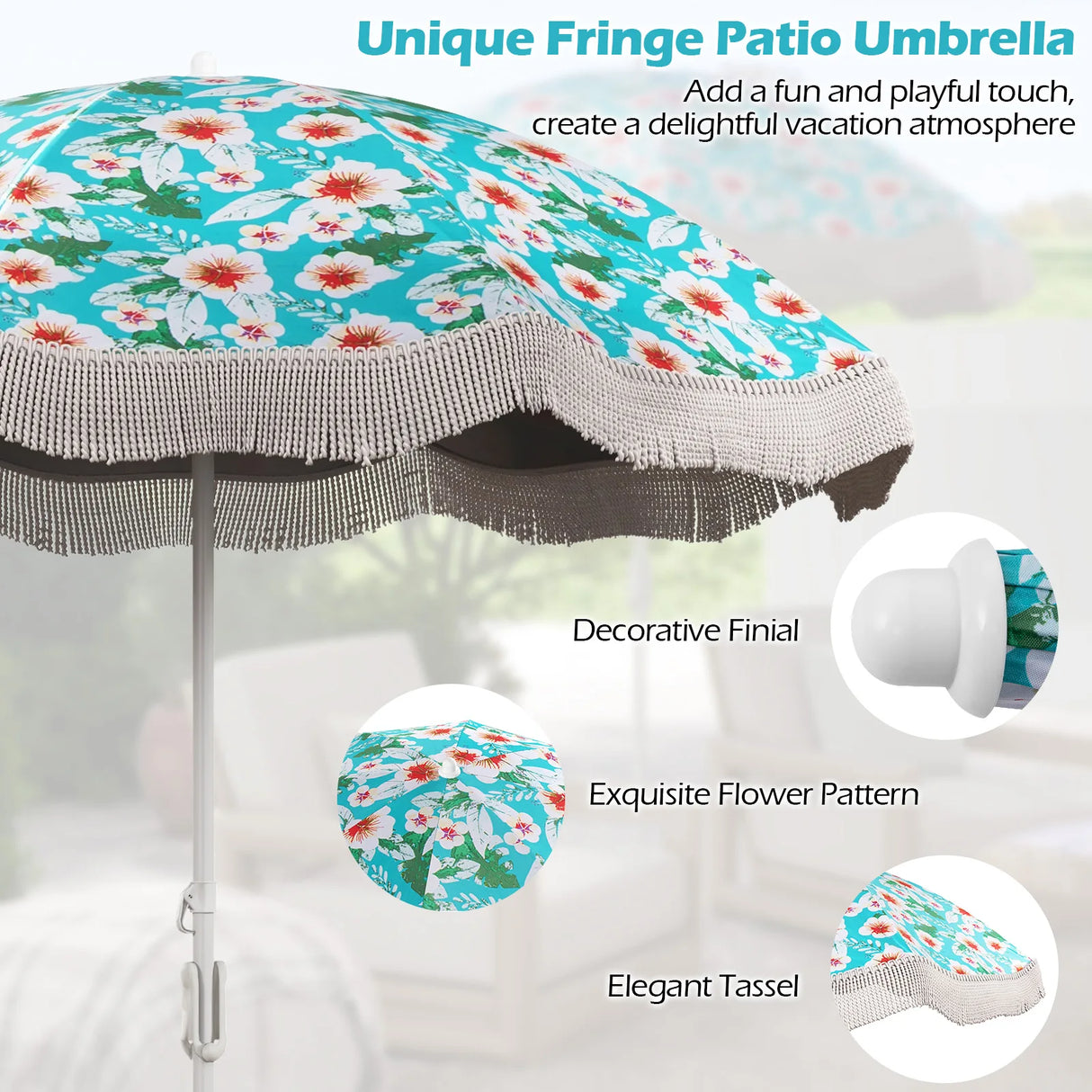 6.5 FT Beach Umbrella with Fringe Outdoor Tassel Umbrella with Push Button Tilt-Green