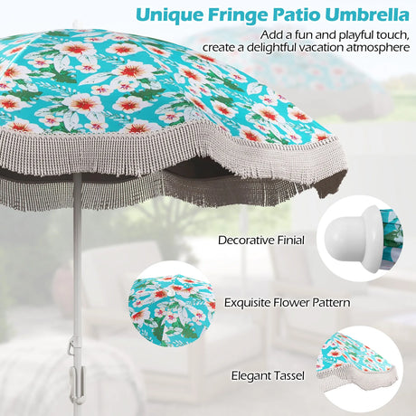 6.5 FT Beach Umbrella with Fringe Outdoor Tassel Umbrella with Push Button Tilt-Green
