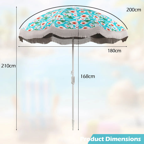6.5 FT Beach Umbrella with Fringe Outdoor Tassel Umbrella with Push Button Tilt-Green