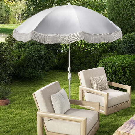 6.5 FT Beach Umbrella with Fringe Outdoor Tassel Umbrella with Push Button Tilt-White