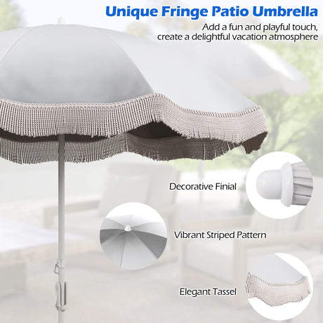 6.5 FT Beach Umbrella with Fringe Outdoor Tassel Umbrella with Push Button Tilt-White