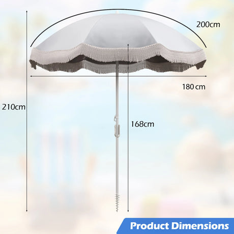 6.5 FT Beach Umbrella with Fringe Outdoor Tassel Umbrella with Push Button Tilt-White