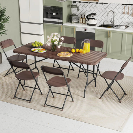 Outdoor Portable Folding Table with HDPE Rattan-Like Tabletop and Safe Lock Mechanism-Coffee