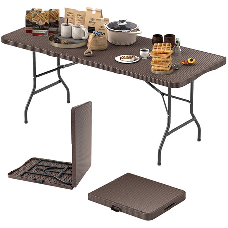 Outdoor Portable Folding Table with HDPE Rattan-Like Tabletop and Safe Lock Mechanism-Coffee