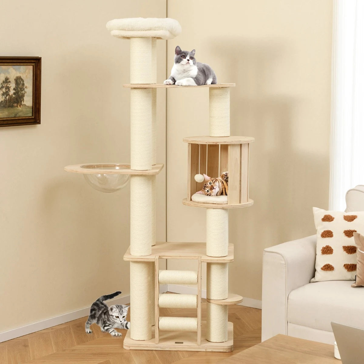 71 Inch Tall Cat Tree Wooden Cat Tower with Cozy Perch Condo Space Capsule-Natural