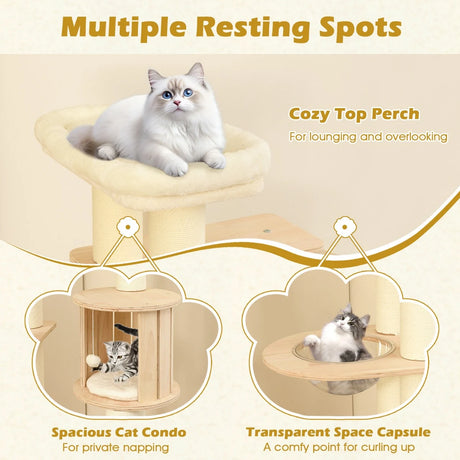 71 Inch Tall Cat Tree Wooden Cat Tower with Cozy Perch Condo Space Capsule-Natural