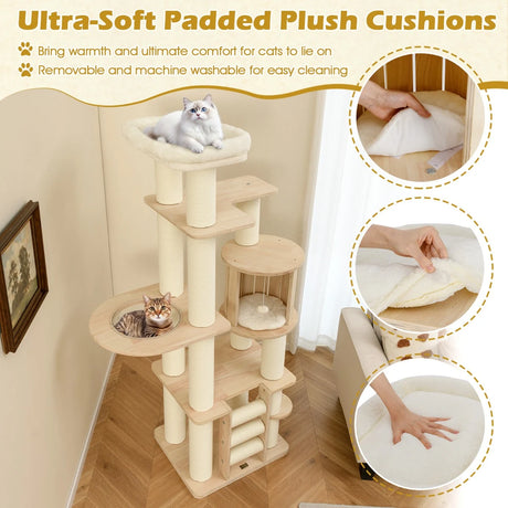 71 Inch Tall Cat Tree Wooden Cat Tower with Cozy Perch Condo Space Capsule-Natural