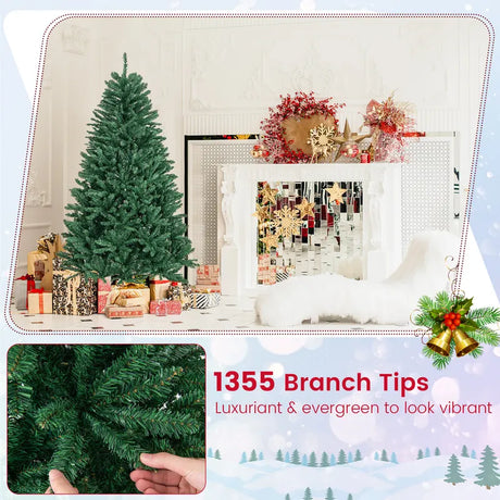 Artificial Christmas Tree 180 Cm 1355 PVC Branches Foldable Metal Stand with Hinges Quick Installation Green