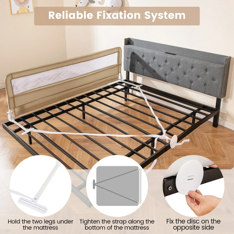 Foldable Mesh Bed Rail with Safety Straps for Toddlers-Beige