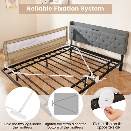 Foldable Mesh Bed Rail with Safety Straps for Toddlers-Beige