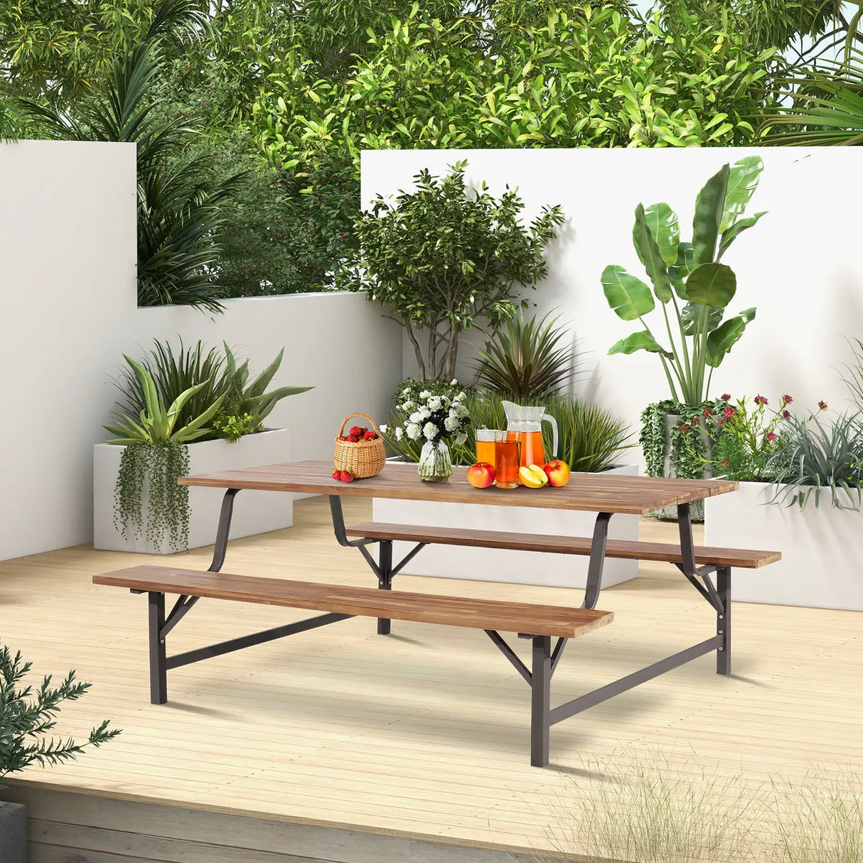 6-Person Outdoor Picnic Table and Bench Set with 2 Inch Umbrella Hole
