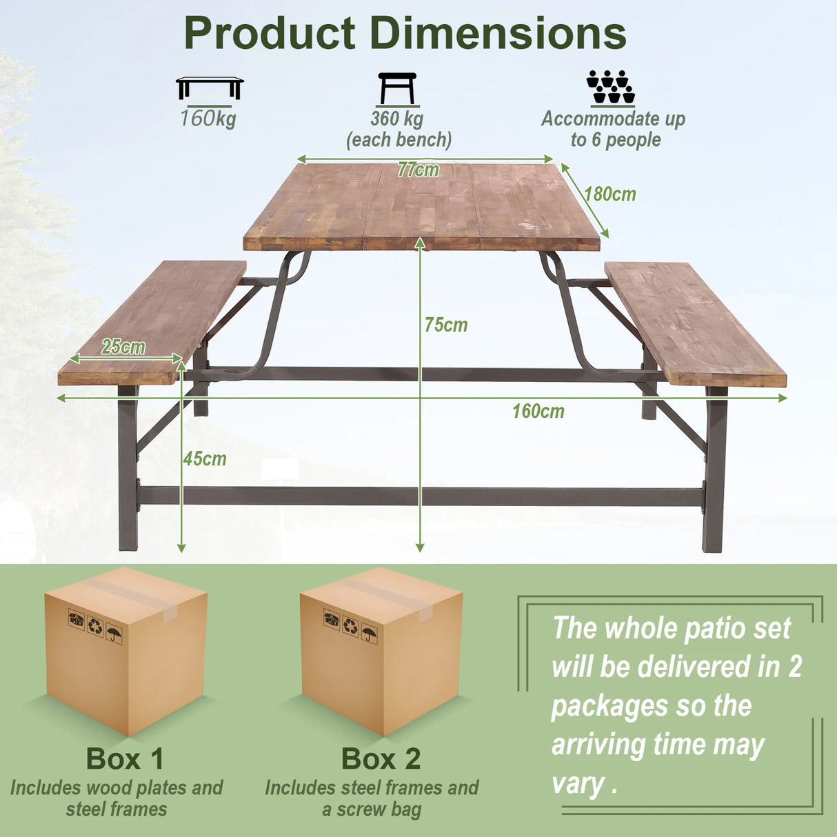 6-Person Outdoor Picnic Table and Bench Set with 2 Inch Umbrella Hole