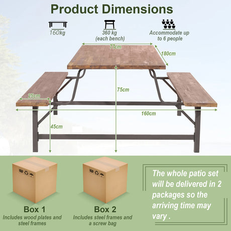 6-Person Outdoor Picnic Table and Bench Set with 2 Inch Umbrella Hole