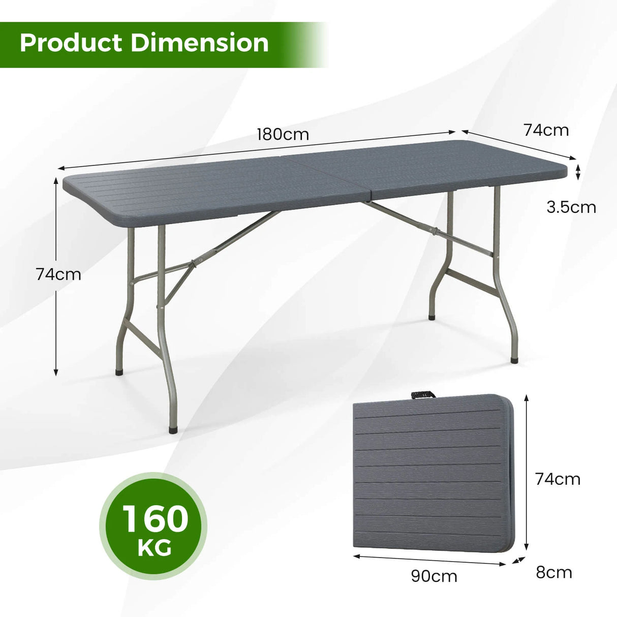 180cm Outdoor Portable Folding Table with Wood Tabletop-Grey