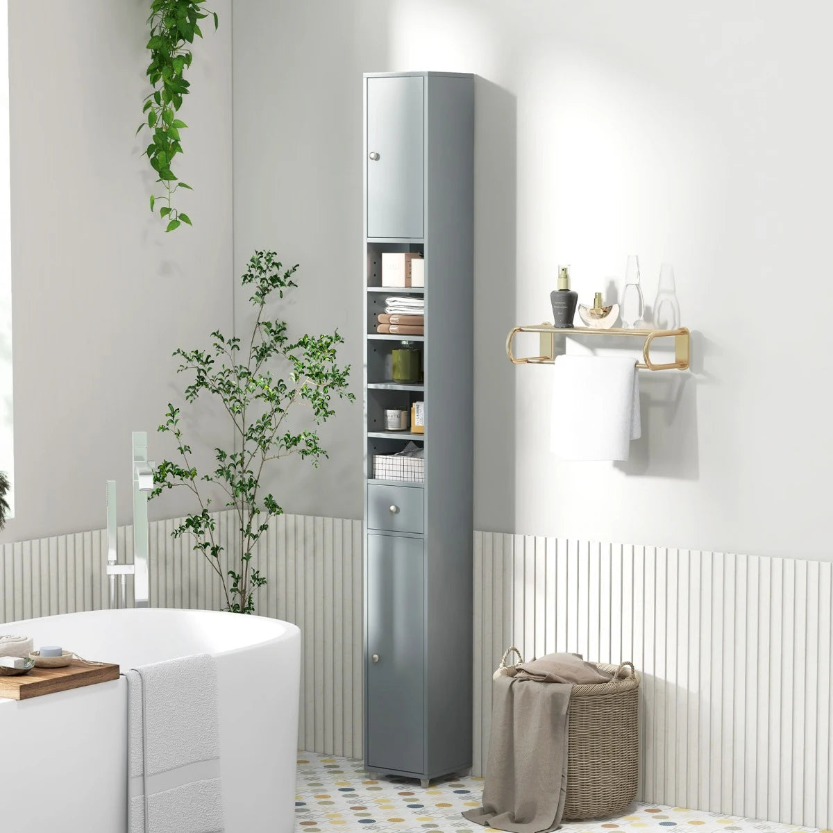 180CM Tall Freestanding Bathroom Cabinet with 2 Doors and 1 Drawer-Grey