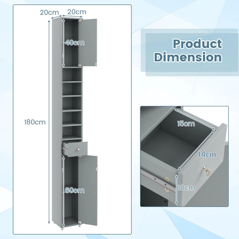 180CM Tall Freestanding Bathroom Cabinet with 2 Doors and 1 Drawer-Grey