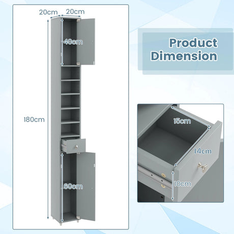 180CM Tall Freestanding Bathroom Cabinet with 2 Doors and 1 Drawer-Grey
