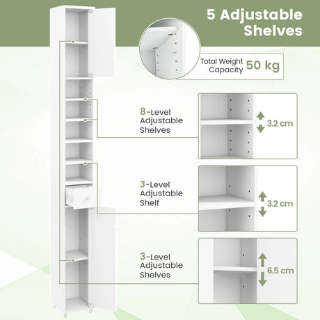 180CM Tall Freestanding Bathroom Cabinet with 2 Doors and 1 Drawer-White