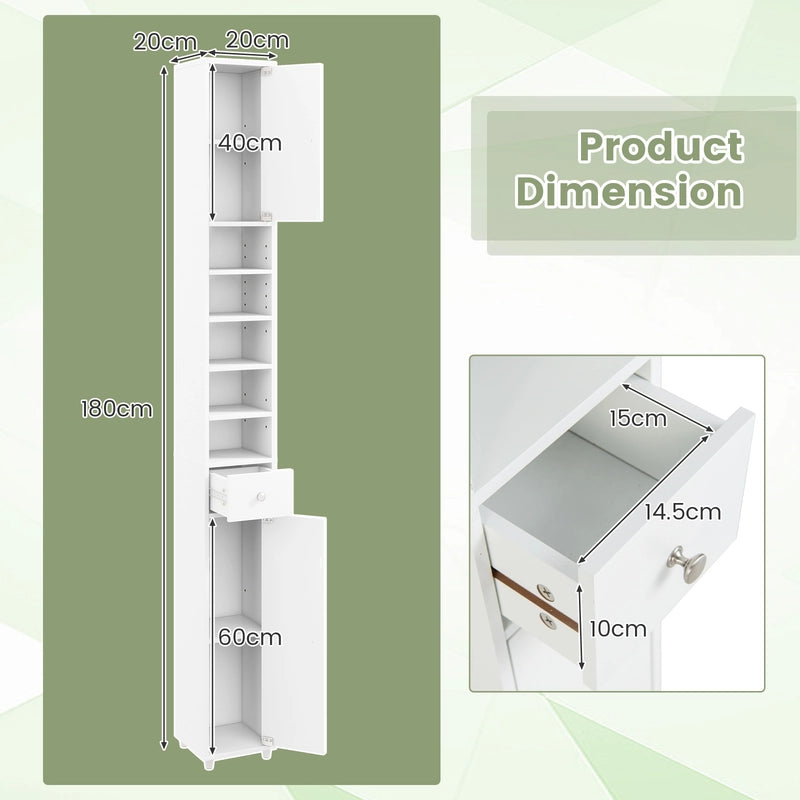 180CM Tall Freestanding Bathroom Cabinet with 2 Doors and 1 Drawer-White