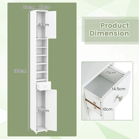 180CM Tall Freestanding Bathroom Cabinet with 2 Doors and 1 Drawer-White
