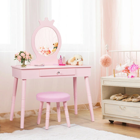 Vanity Makeup Table Set with Real Mirror for Little Girls Pink