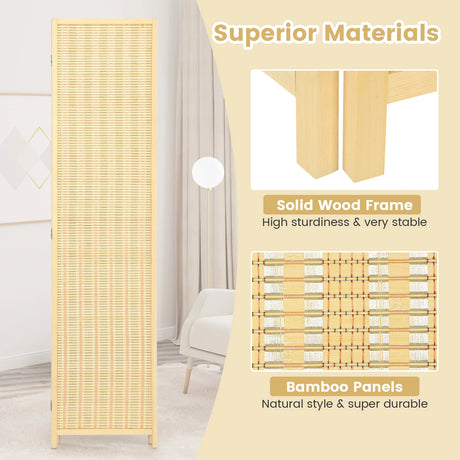 6 Feet 4 Panel Portable Folding Room Divider Screen-Natural
