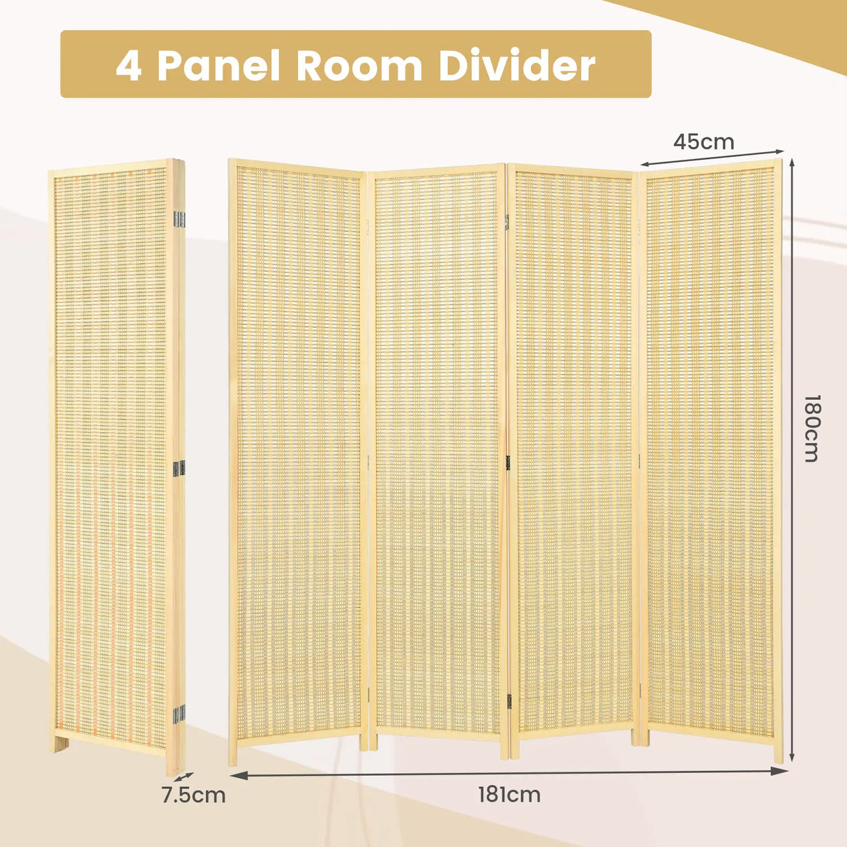 6 Feet 4 Panel Portable Folding Room Divider Screen-Natural