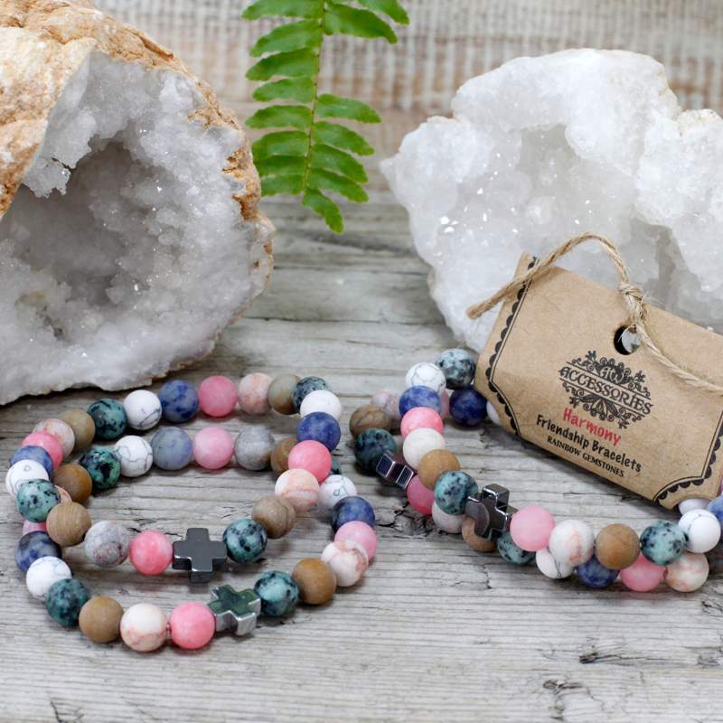 Set of 2 Gemstones Friendship Bracelets - Harmony - Rainbow Gemstones