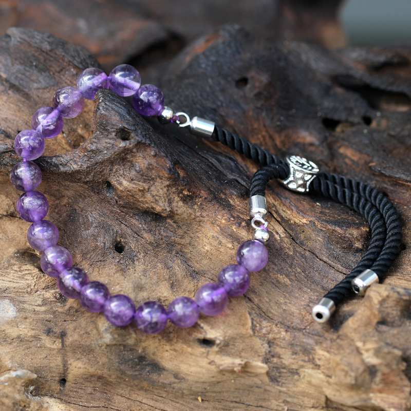 925 Silver Plated Gemstone Black String Bracelet - Amethyst