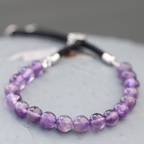 925 Silver Plated Gemstone Black String Bracelet - Amethyst