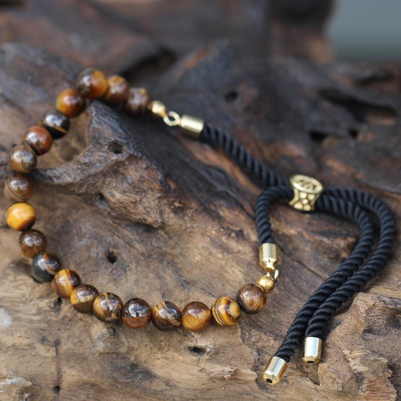 18K Gold Plated Gemstone Black String Bracelet - Tiger Eye