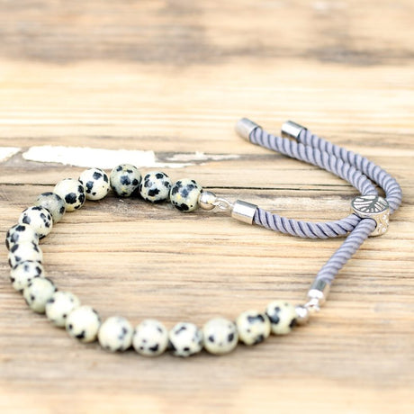 925 Silver Plated Gemstone Charcoal String Bracelet - Dalmatian Jasper