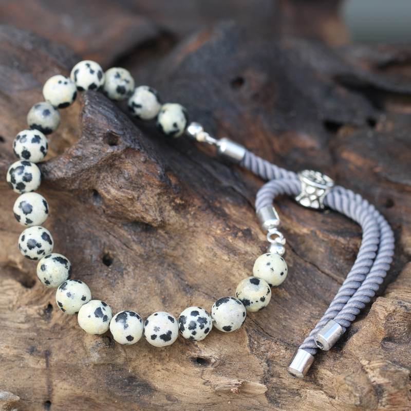 925 Silver Plated Gemstone Charcoal String Bracelet - Dalmatian Jasper