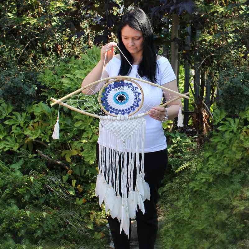 Protection Dream Catcher - Lrg Macrame Evil Eye White/ Grey/Brown